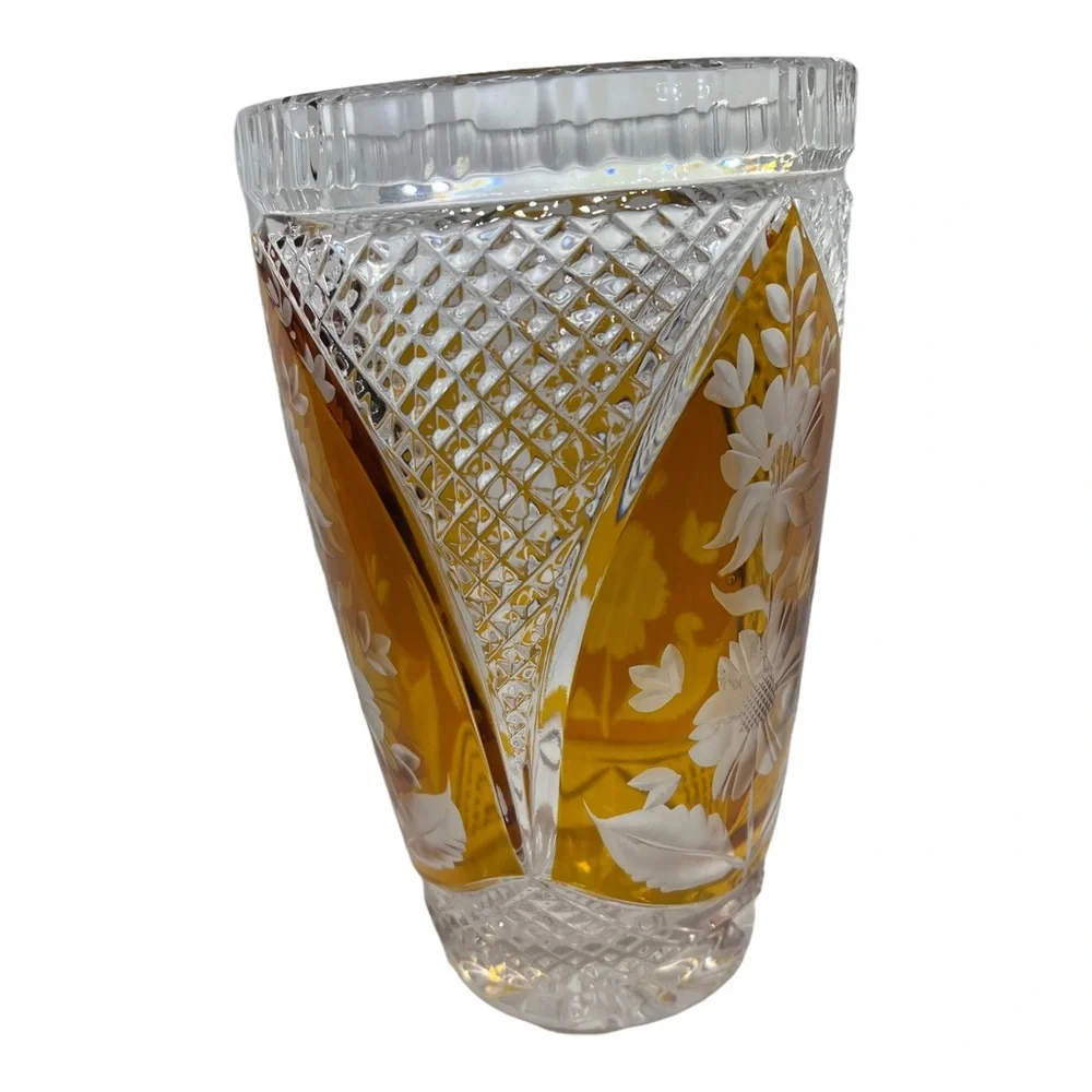 Czech Amber Crystal Three Panel Vase MCM Elegant Glass Vase